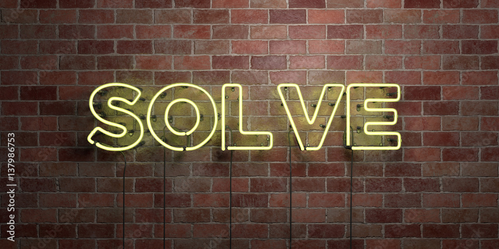 Obraz premium SOLVE - fluorescent Neon tube Sign on brickwork - Front view - 3D rendered royalty free stock picture. Can be used for online banner ads and direct mailers..