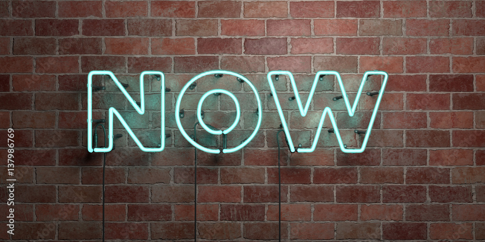 Fototapeta premium NOW - fluorescent Neon tube Sign on brickwork - Front view - 3D rendered royalty free stock picture. Can be used for online banner ads and direct mailers..