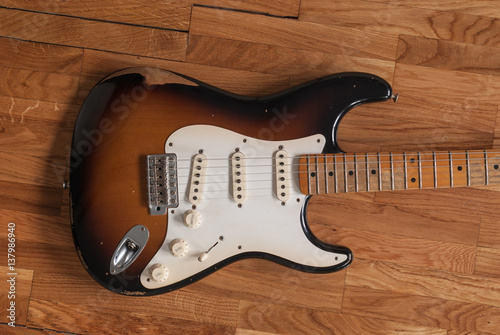 Canvas Print Vintage Fender Stratocaster electric guitar sunburst body and worn maple neck cl