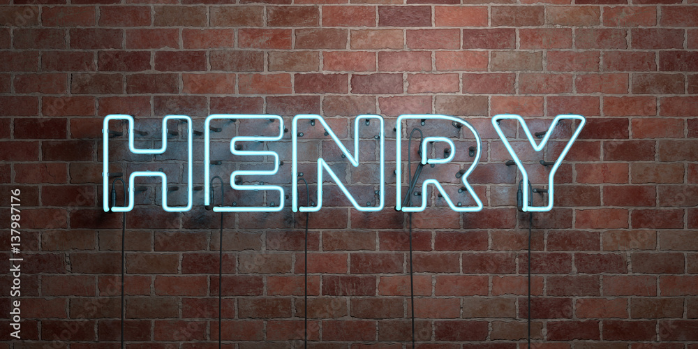 Obraz premium HENRY - fluorescent Neon tube Sign on brickwork - Front view - 3D rendered royalty free stock picture. Can be used for online banner ads and direct mailers..