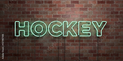 HOCKEY - fluorescent Neon tube Sign on brickwork - Front view - 3D rendered royalty free stock picture. Can be used for online banner ads and direct mailers..
