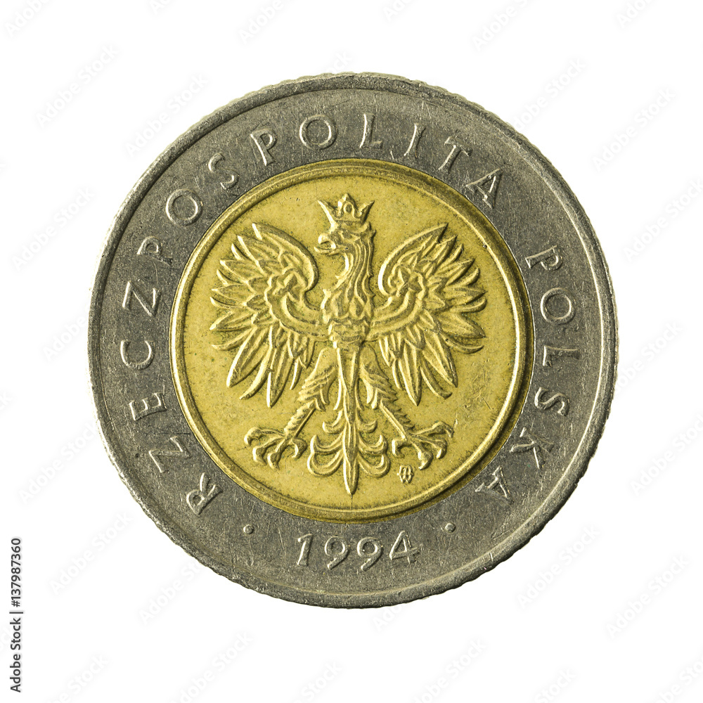 5 polish zloty coin (1994) reverse isolated on white background 5 polish zloty coin (1994) reverse isolated on white background