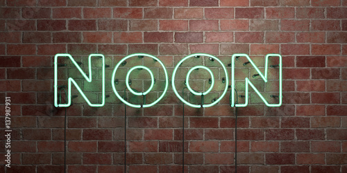 NOON - fluorescent Neon tube Sign on brickwork - Front view - 3D rendered royalty free stock picture. Can be used for online banner ads and direct mailers.. © Chris Titze Imaging