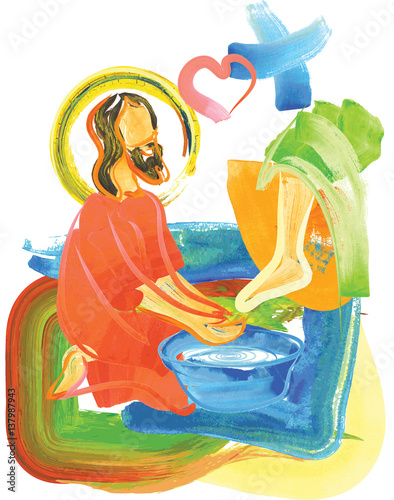Washing of feet - Jesus Christ washing the feet of the apostles. Abstract artistic modern religious christian illustration photo