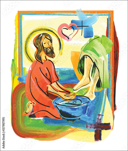 Washing of feet - Jesus Christ washing the feet of the apostles. Abstract artistic modern religious christian illustration photo