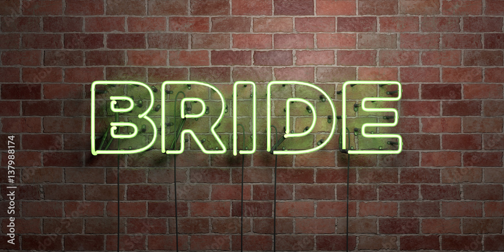 BRIDE - fluorescent Neon tube Sign on brickwork - Front view - 3D rendered royalty free stock picture. Can be used for online banner ads and direct mailers.. BRIDE - fluorescent Neon tube Sign on brickwork - Front view - 3D rendered royalty free stock picture. Can be used for online banner ads and direct mailers..
