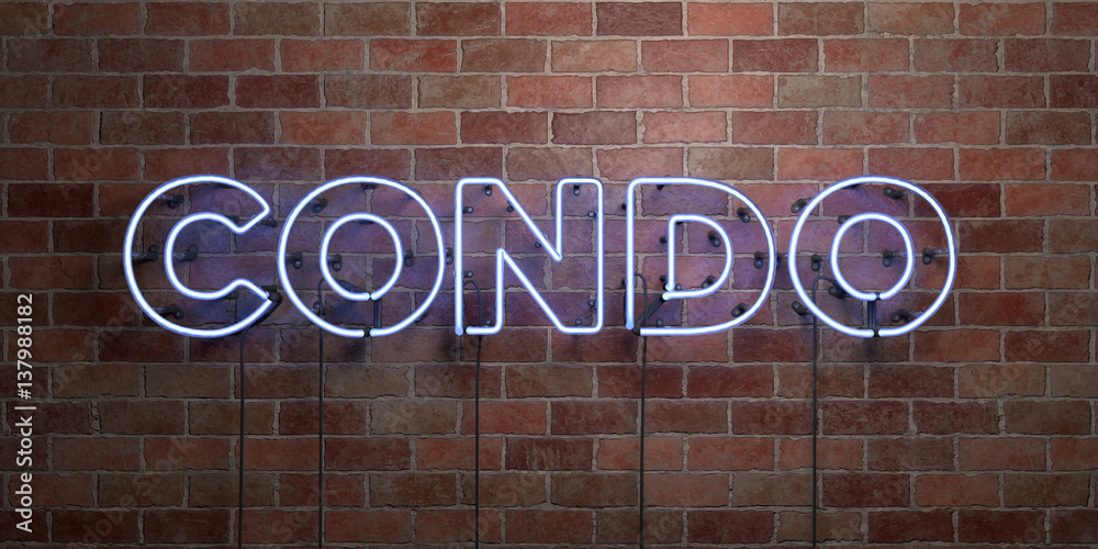 Obraz premium CONDO - fluorescent Neon tube Sign on brickwork - Front view - 3D rendered royalty free stock picture. Can be used for online banner ads and direct mailers..