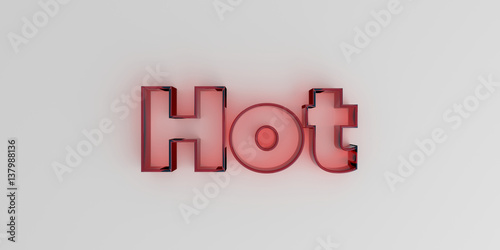 Hot - Red glass text on white background - 3D rendered royalty free stock image.