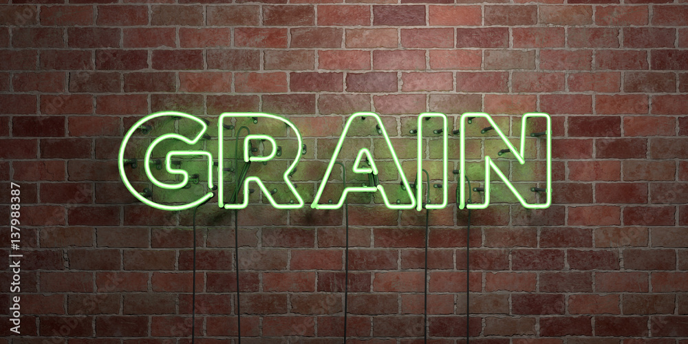 GRAIN - fluorescent Neon tube Sign on brickwork - Front view - 3D rendered royalty free stock picture. Can be used for online banner ads and direct mailers.. GRAIN - fluorescent Neon tube Sign on brickwork - Front view - 3D rendered royalty free stock picture. Can be used for online banner ads and direct mailers..