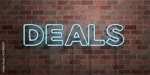 DEALS - fluorescent Neon tube Sign on brickwork - Front view - 3D rendered royalty free stock picture. Can be used for online banner ads and direct mailers.. © Chris Titze Imaging