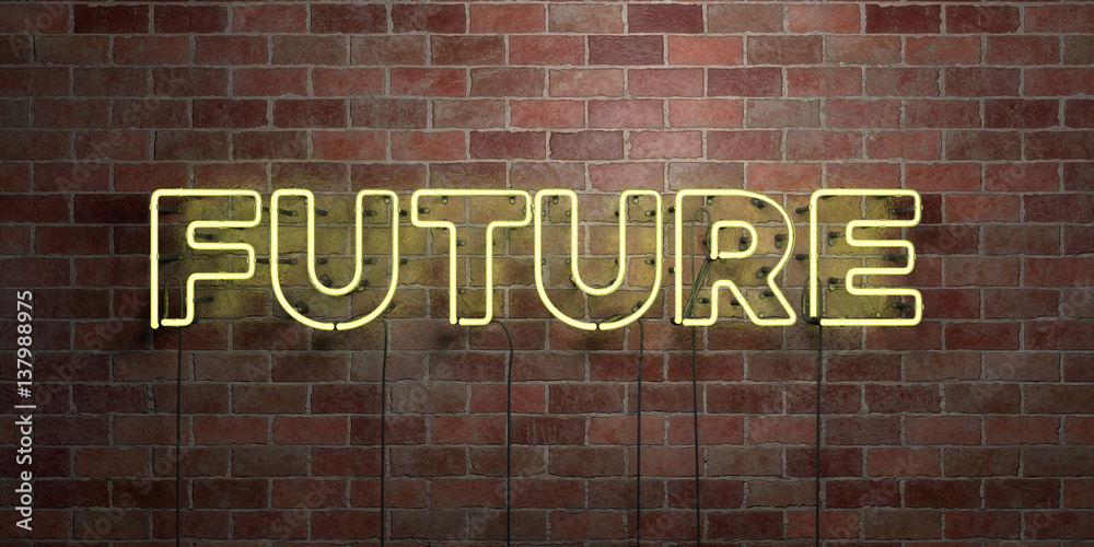 Obraz premium FUTURE - fluorescent Neon tube Sign on brickwork - Front view - 3D rendered royalty free stock picture. Can be used for online banner ads and direct mailers..