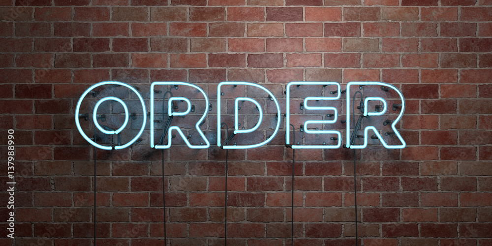Obraz premium ORDER - fluorescent Neon tube Sign on brickwork - Front view - 3D rendered royalty free stock picture. Can be used for online banner ads and direct mailers..