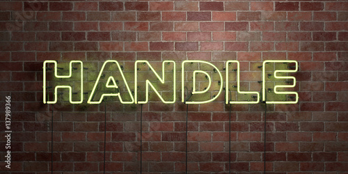 HANDLE - fluorescent Neon tube Sign on brickwork - Front view - 3D rendered royalty free stock picture. Can be used for online banner ads and direct mailers..