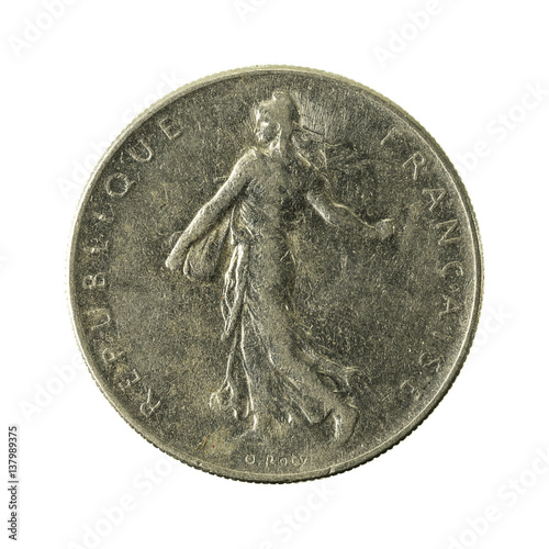 1 french franc coin (1964) reverse isolated on white background photo