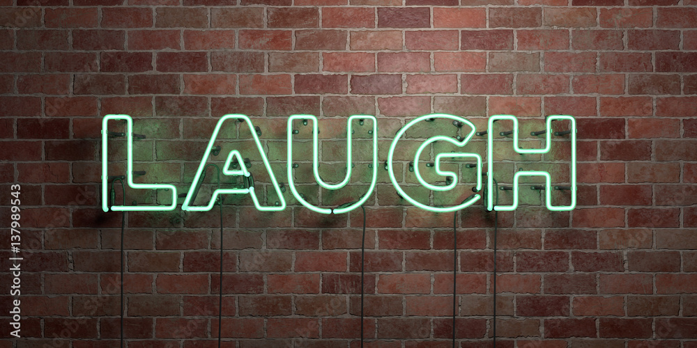 Obraz premium LAUGH - fluorescent Neon tube Sign on brickwork - Front view - 3D rendered royalty free stock picture. Can be used for online banner ads and direct mailers..
