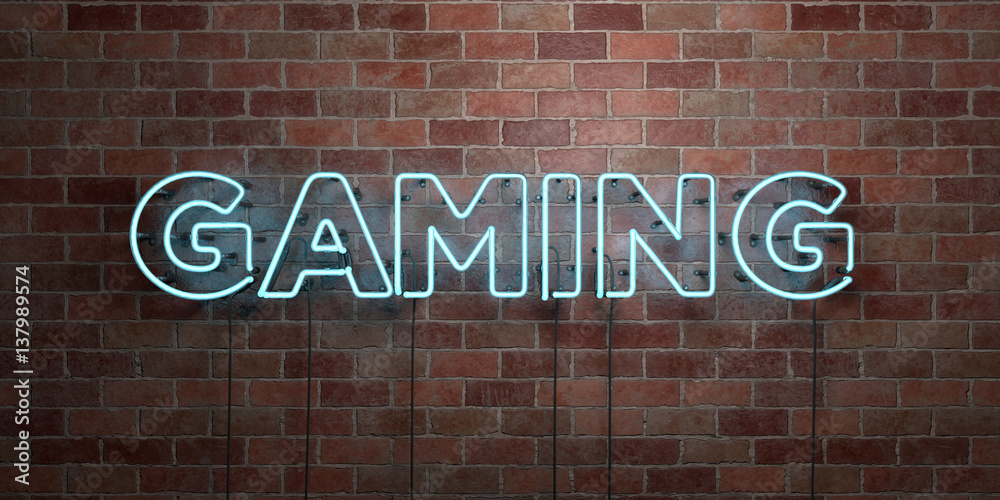 Obraz premium GAMING - fluorescent Neon tube Sign on brickwork - Front view - 3D rendered royalty free stock picture. Can be used for online banner ads and direct mailers..