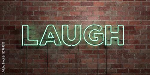 LAUGH - fluorescent Neon tube Sign on brickwork - Front view - 3D rendered royalty free stock picture. Can be used for online banner ads and direct mailers..