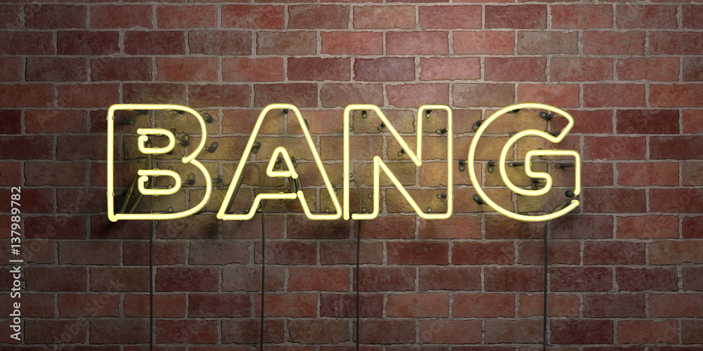 Obraz premium BANG - fluorescent Neon tube Sign on brickwork - Front view - 3D rendered royalty free stock picture. Can be used for online banner ads and direct mailers..