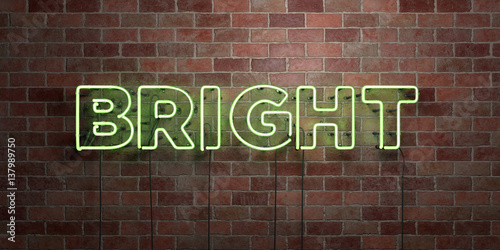 BRIGHT - fluorescent Neon tube Sign on brickwork - Front view - 3D rendered royalty free stock picture. Can be used for online banner ads and direct mailers..