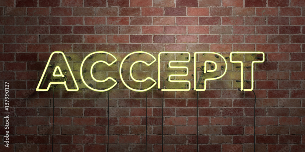 ACCEPT - fluorescent Neon tube Sign on brickwork - Front view - 3D rendered royalty free stock picture. Can be used for online banner ads and direct mailers.. ACCEPT - fluorescent Neon tube Sign on brickwork - Front view - 3D rendered royalty free stock picture. Can be used for online banner ads and direct mailers..
