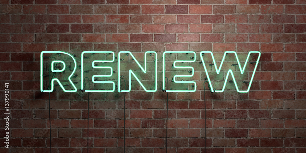 Obraz premium RENEW - fluorescent Neon tube Sign on brickwork - Front view - 3D rendered royalty free stock picture. Can be used for online banner ads and direct mailers..