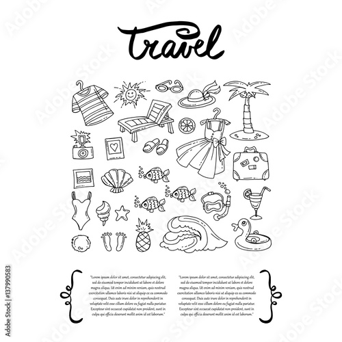 Cover with hand drawn symbols of travel. Set on the theme of sea, summer and recreation