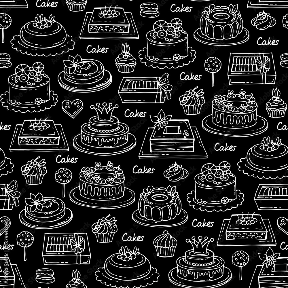 Vector seamless pattern with hand drawn cakes on black color. Pattern on the theme of sweets,  confectionery