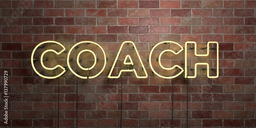 COACH - fluorescent Neon tube Sign on brickwork - Front view - 3D rendered royalty free stock picture. Can be used for online banner ads and direct mailers..