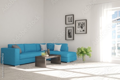 Wallpaper Mural White room with sofa and urban landscape in window. Scandinavian interior design Torontodigital.ca