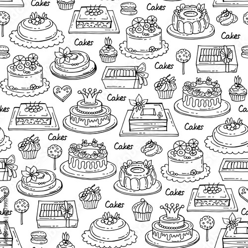 Vector seamless pattern with hand drawn cakes on white color. Pattern on the theme of sweets,  confectionery
