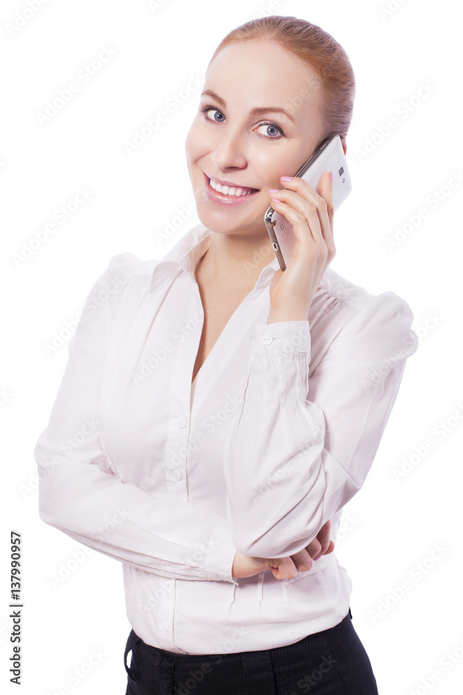 Blonde business woman manager worker smiles and talking on a phone . isolated on white Blonde business woman manager worker smiles and talking on a phone . isolated on white