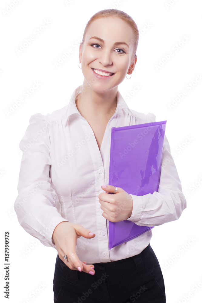 Blonde business woman manager worker smiles, holding documents and shows throw hand in greetings. isolated on white Blonde business woman manager worker smiles, holding documents and shows throw hand in greetings. isolated on white