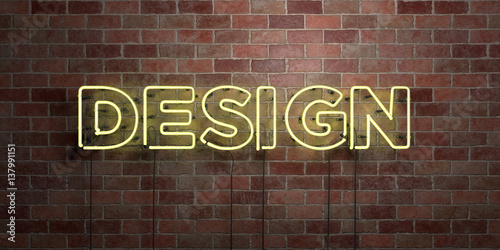 DESIGN - fluorescent Neon tube Sign on brickwork - Front view - 3D rendered royalty free stock picture. Can be used for online banner ads and direct mailers..