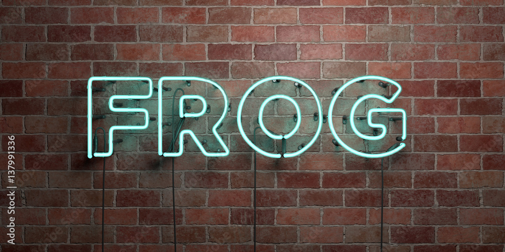 Obraz premium FROG - fluorescent Neon tube Sign on brickwork - Front view - 3D rendered royalty free stock picture. Can be used for online banner ads and direct mailers..