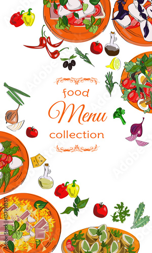 Vertical banner with dishes. Restaurant menu, cafe design.