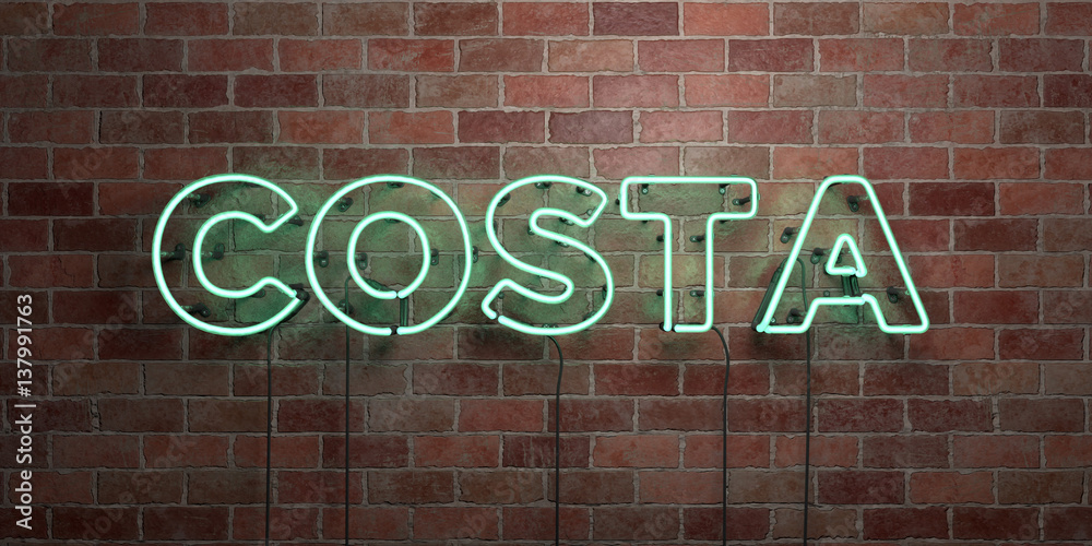 Fototapeta premium COSTA - fluorescent Neon tube Sign on brickwork - Front view - 3D rendered royalty free stock picture. Can be used for online banner ads and direct mailers..