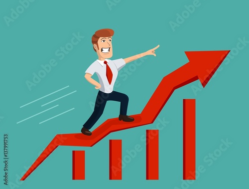 Successful businessman rides uprising arrow on bar graph