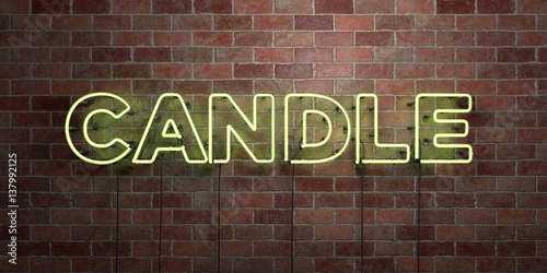 CANDLE - fluorescent Neon tube Sign on brickwork - Front view - 3D rendered royalty free stock picture. Can be used for online banner ads and direct mailers..
