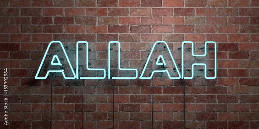 Fototapeta premium ALLAH - fluorescent Neon tube Sign on brickwork - Front view - 3D rendered royalty free stock picture. Can be used for online banner ads and direct mailers..