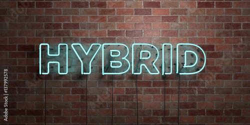 HYBRID - fluorescent Neon tube Sign on brickwork - Front view - 3D rendered royalty free stock picture. Can be used for online banner ads and direct mailers..