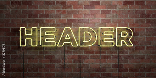 HEADER - fluorescent Neon tube Sign on brickwork - Front view - 3D rendered royalty free stock picture. Can be used for online banner ads and direct mailers..