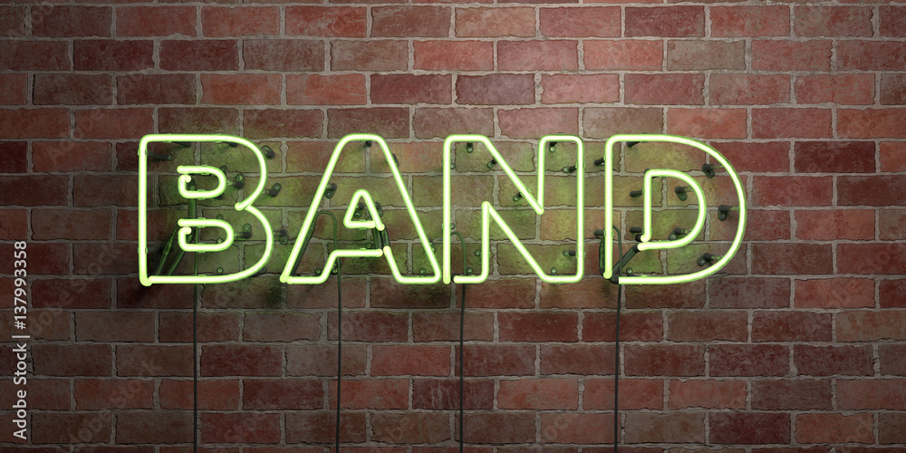 Obraz premium BAND - fluorescent Neon tube Sign on brickwork - Front view - 3D rendered royalty free stock picture. Can be used for online banner ads and direct mailers..