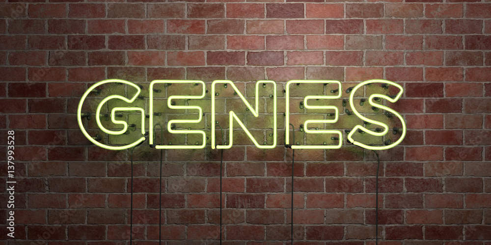 Obraz premium GENES - fluorescent Neon tube Sign on brickwork - Front view - 3D rendered royalty free stock picture. Can be used for online banner ads and direct mailers..