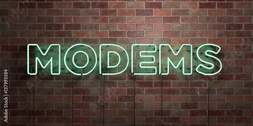 MODEMS - fluorescent Neon tube Sign on brickwork - Front view - 3D rendered royalty free stock picture. Can be used for online banner ads and direct mailers..
