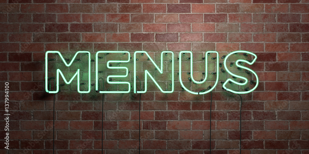 Obraz premium MENUS - fluorescent Neon tube Sign on brickwork - Front view - 3D rendered royalty free stock picture. Can be used for online banner ads and direct mailers..