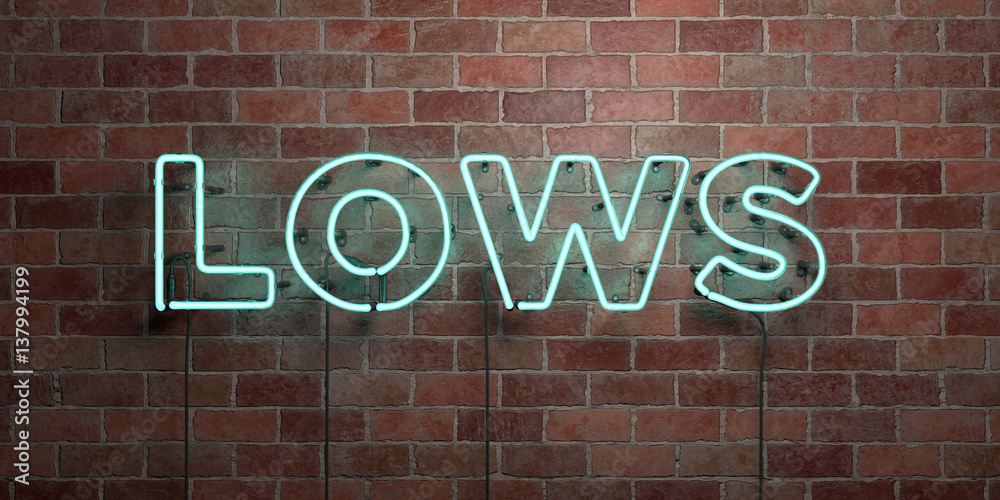 LOWS - fluorescent Neon tube Sign on brickwork - Front view - 3D rendered royalty free stock picture. Can be used for online banner ads and direct mailers.. LOWS - fluorescent Neon tube Sign on brickwork - Front view - 3D rendered royalty free stock picture. Can be used for online banner ads and direct mailers..