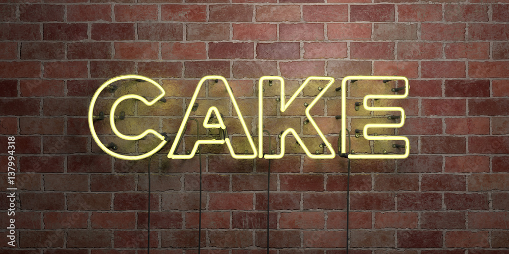 Obraz premium CAKE - fluorescent Neon tube Sign on brickwork - Front view - 3D rendered royalty free stock picture. Can be used for online banner ads and direct mailers..