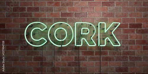 CORK - fluorescent Neon tube Sign on brickwork - Front view - 3D rendered royalty free stock picture. Can be used for online banner ads and direct mailers..