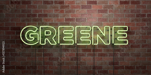 GREENE - fluorescent Neon tube Sign on brickwork - Front view - 3D rendered royalty free stock picture. Can be used for online banner ads and direct mailers..