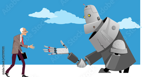Senior man shaking hands with a giant robot, EPS 8 vector illustration